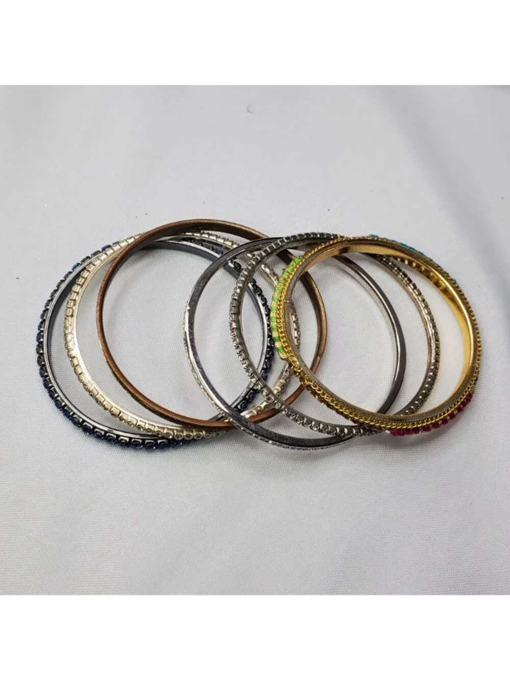 VTG 6 Multicolor Rhinestone Glitter & Metal Bangles Gold & Silver-Tone Mixed